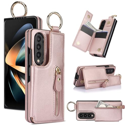 ZHOZEXIN Handytasche Kompatibel mit Samsung Galaxy Z Fold 3,mit Reißverschluss,Kreditkartenfach Geldfach,Stylische Flip Schutzhülle aus Leder für Galaxy Z Fold 3 (Roségold) von ZHOZEXIN