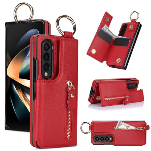 ZHOZEXIN Handytasche Kompatibel mit Samsung Galaxy Z Fold 3,mit Reißverschluss,Kreditkartenfach Geldfach,Stylische Flip Schutzhülle aus Leder für Galaxy Z Fold 3 (Rot) von ZHOZEXIN
