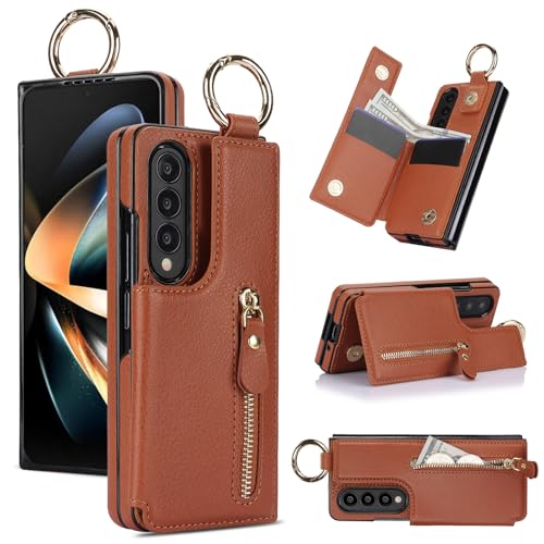 ZHOZEXIN Handytasche Kompatibel mit Samsung Galaxy Z Fold 4, mit Reißverschluss, Kreditkartenfach, Bargeldfach, Stylische Flip Schutzhülle aus Leder für Galaxy Z Fold 4 (Braun) von ZHOZEXIN
