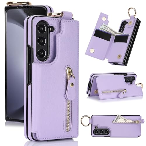 ZHOZEXIN Handytasche Kompatibel mit Samsung Galaxy Z Fold 6,mit Reißverschluss,Kreditkartenfach Geldfach,Stylische Flip Schutzhülle aus Leder für Galaxy Z Fold 6 (Lila) von ZHOZEXIN