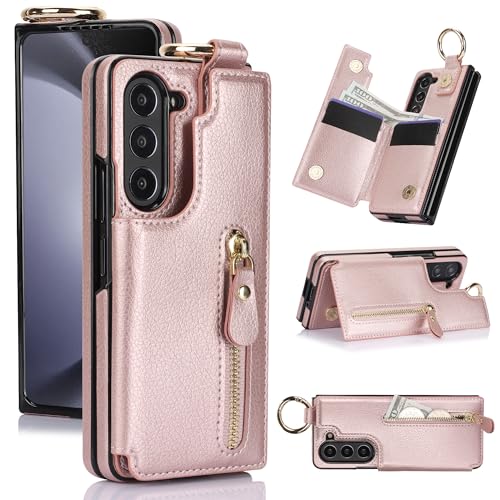 ZHOZEXIN Handytasche Kompatibel mit Samsung Galaxy Z Fold 6,mit Reißverschluss,Kreditkartenfach Geldfach,Stylische Flip Schutzhülle aus Leder für Galaxy Z Fold 6 (Roségold) von ZHOZEXIN