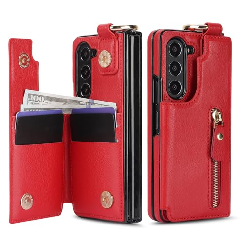 ZHOZEXIN Handytasche Kompatibel mit Samsung Galaxy Z Fold 6,mit Reißverschluss,Kreditkartenfach Geldfach,Stylische Flip Schutzhülle aus Leder für Galaxy Z Fold 6 (Rot) von ZHOZEXIN