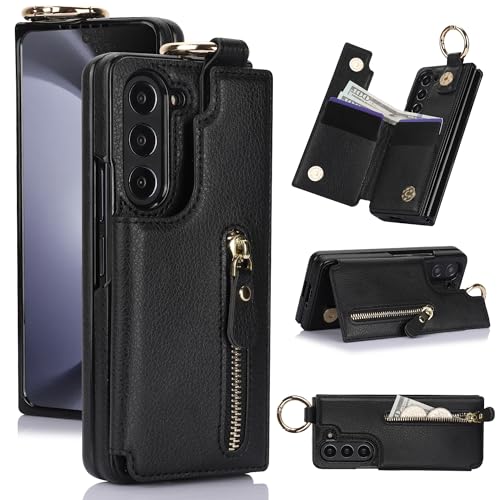 ZHOZEXIN Handytasche Kompatibel mit Samsung Galaxy Z Fold 6,mit Reißverschluss,Kreditkartenfach Geldfach,Stylische Flip Schutzhülle aus Leder für Galaxy Z Fold 6 (Schwarz) von ZHOZEXIN