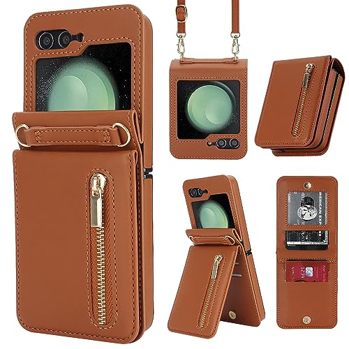 ZHOZEXIN Kompatibel mit Samsung Galaxy Z Flip 5 Stand Stylische Flip Schutztasche aus Leder, Brieftasche mit Reißverschluss, Kartenfach, Geldfach, Handytasche mit Kordel für Galaxy Z Flip 5 (Braun) von ZHOZEXIN