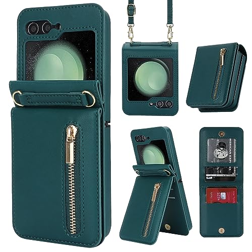 ZHOZEXIN Kompatibel mit Samsung Galaxy Z Flip 5 Stand Stylische Flip Schutztasche aus Leder, Brieftasche mit Reißverschluss, Kartenfach, Geldfach, Handytasche mit Kordel für Galaxy Z Flip 5 (Grün) von ZHOZEXIN
