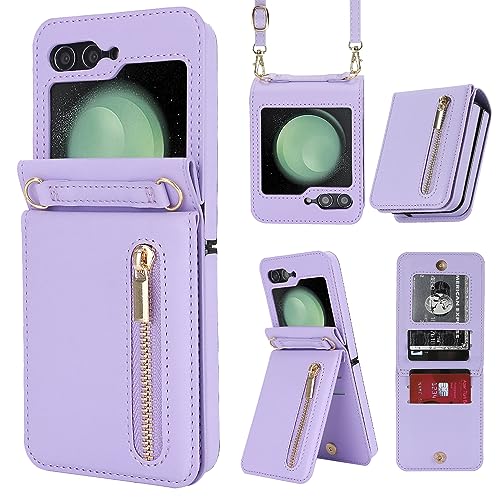 ZHOZEXIN Kompatibel mit Samsung Galaxy Z Flip 5 Stand Stylische Flip Schutztasche aus Leder, Brieftasche mit Reißverschluss, Kartenfach, Geldfach, Handytasche mit Kordel für Galaxy Z Flip 5 (Lila) von ZHOZEXIN