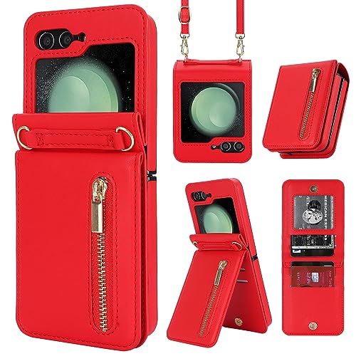 ZHOZEXIN Kompatibel mit Samsung Galaxy Z Flip 5 Stand Stylische Flip Schutztasche aus Leder, Brieftasche mit Reißverschluss, Kartenfach, Geldfach, Handytasche mit Kordel für Galaxy Z Flip 5 (Rot) von ZHOZEXIN