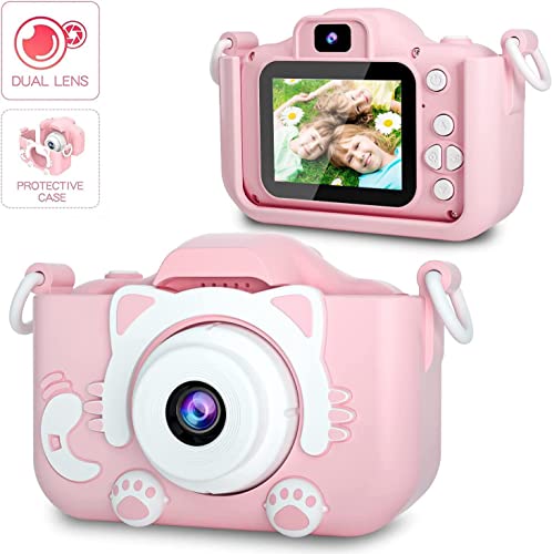 ZHUTA Kinderkamera,Cartoon Kinder Digitalkamera mit Silikonhülle,20-Megapixel-Doppelobjektiv,1080P HD 2,0 Zoll Bildschirm Kinder Digitalkamera,Spielzeug für Jungen Mädchen Spielzeugkamera,pink von ZHUTA