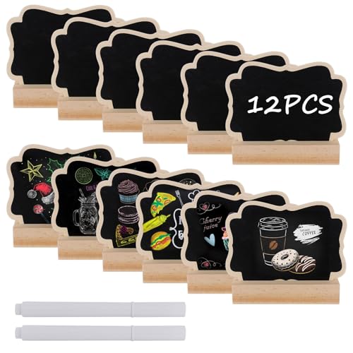 12 Stück Kleine Tafel Set, Kreidetafeln Schilder, Holz Kreidetafel mit Ständer, Platz Karte Wiederverwendbare Kreidetafeln, Löschbar Memotafel Tischschilder mit 2 Kreidestiften für Hochzeit von ZHXGO