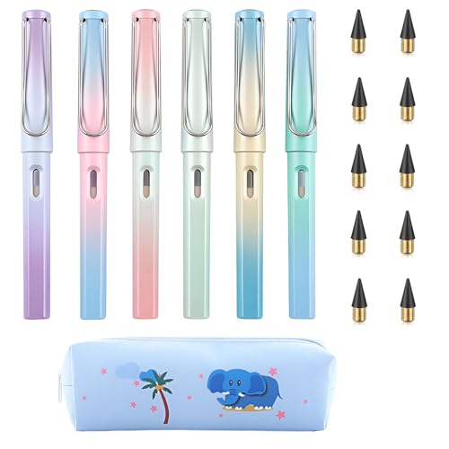 ZIGefofo 6 Stück Ewiger Bleistift mit 10 Ersatzspitzen und 1 Elefant mäppchen Hochwertige Tintenloser Langlebiger Magischer Bleistifte Ergonomischer für Schreiben Zeichnen - Farbverlauf Farben von ZIGefofo