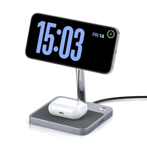 ZIKE 2-in-1-Ladegerät mit MagSafe, 15 W iPhone Ladeständer Wireless Charger with Cooling, Schnellladung mit Telefonkühlung, für iPhone 15/14/13/12, AirPods Pro 3/2 mit Standby Mode von ZIKE