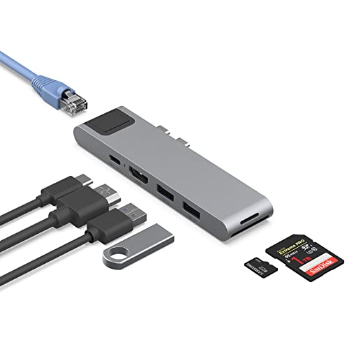 ZIKE USB C Hub Ethernet, 7 in 2 USB C Docking Station für MacBook Pro Air, mit 4K 60Hz HDMI, Thunderbolt 3 PD 100W, SD/TF, 2 Port USB 3.0 und RJ45 Ethernet USB C Adapter von ZIKE