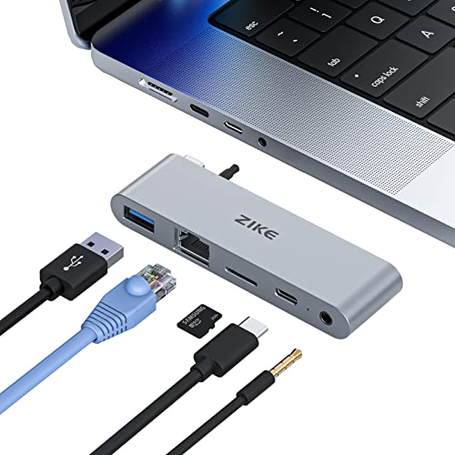 ZIKE USB C Hub - MacBook Pro USB Adapter für MacBook Pro 2023-2016, MacBook Air 2022-2016 mit 5Gbit/s Typ-C/USB A, TF UHS I, LAN Netzwerkanschluss und 3,5mm Audioanschluss von ZIKE