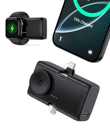 ZIMAOER 5000mAh Kabelloses Ladegerät für Apple Watch 10/9/8/7/6/5/SE/4/3/2/Ultra, 3 in 1 Externer Handyakkus, Mini Powerbank mit Lightning und Type-C Ports für iPhone 16/15/14, Reiseutensilien von ZIMAOER
