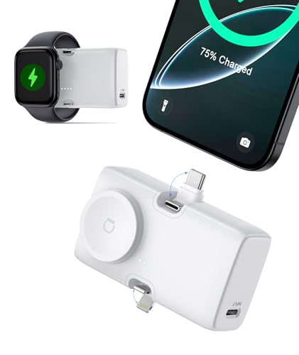 ZIMAOER 5000mAh Kabelloses Ladegerät für Apple Watch 10/9/8/7/6/5/SE/4/3/2/Ultra, 3 in 1 Externer Handyakkus, Mini Powerbank mit Lightning und Type-C Ports für iPhone 16/15/14, Reiseutensilien von ZIMAOER