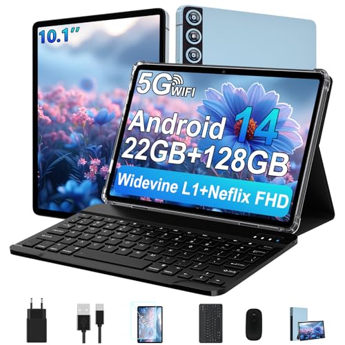 ZIOVO Tablet PC 10 Zoll Android 14 mit 22GB RAM+128GB ROM(1TB TF), Widevine L1, 5G WLAN, Octa-Core 2.0GHz, 8000mAh, 5+8MP, BT 5.0, AGPS, Metallgehäuse Tablet mit Tastatur und Maus - Blau von ZIOVO