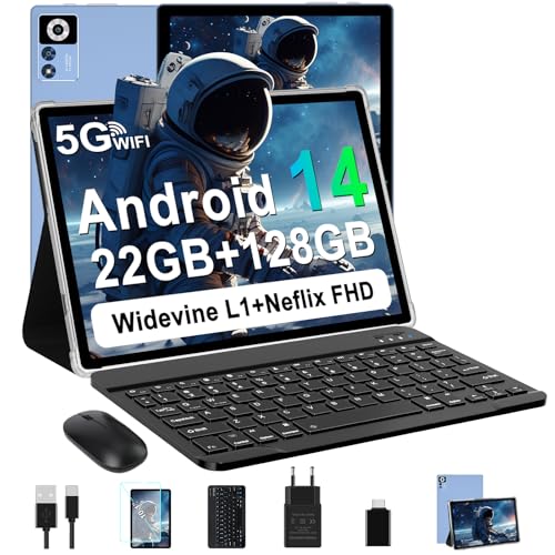 ZIOVO Tablet 10 Zoll Android 14 mit 22GB RAM+128GB ROM(TF 1TB), 5G WLAN, Octa-Core, Widevine L1, 8000mAh, BT 5.0, 5MP+8MP, GPS, Tablet mit Tastatur, Maus - Blau von ZIOVO