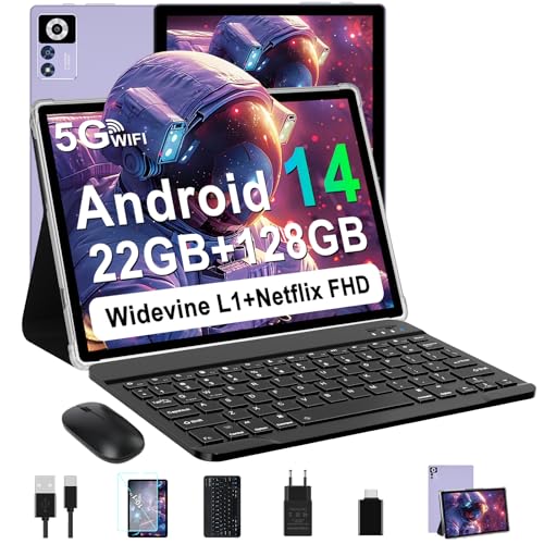 ZIOVO Tablet 10 Zoll Android 14 mit 22GB RAM+128GB ROM(TF 1TB), 5G WLAN, Octa-Core, Widevine L1, 8000mAh, BT 5.0, 5MP+8MP, GPS, Tablet mit Tastatur, Maus - Lila von ZIOVO