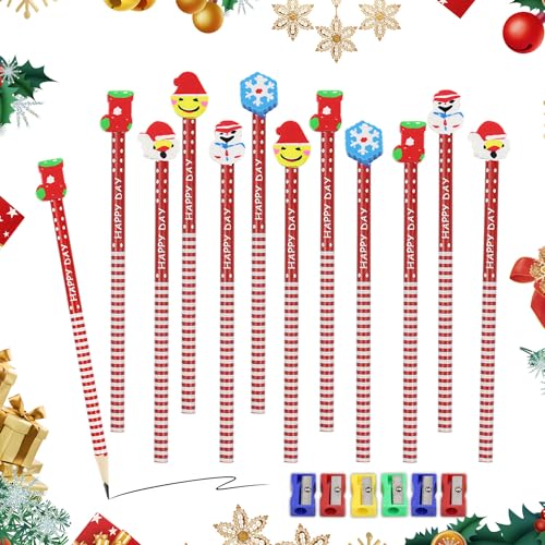 ZIOYA 60 Stücke Bleistift Set mit 6 Stück Bleistiftspitzer Weihnachten Kinder Bleistifte mit Radiergummi Weihnachtsmann Schneemann Weihnachtsbaum für Kinder Party Gastgeschenk von ZIOYA
