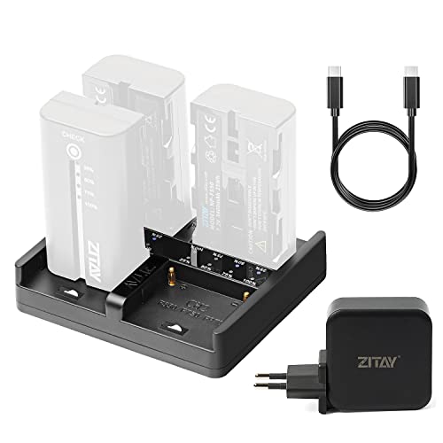 ZITAY NP-F Ladegerät 4-Kanal QC PD Schnellladung USB-C und DC Netzteil für Sony NP-F550, NP-F750, NP-F770, NP-F970 Akku (mit USB-C 65W PD Ladegerät) von ZITAY