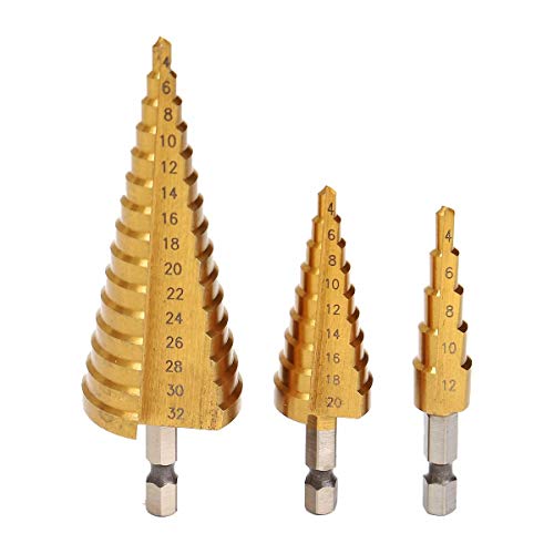Spiralgenuteter Stufenbohrer, 3-teiliges 4 12/4 20/4 32 mm Stufenbohrer-Set mit 1/4 Zoll Sechskantschaft Spiralgenuteter Stufenbohrer, 3-teiliges 4 12/4 20/4 32 mm Stufenbohrer-Set mit 1/4 Zoll Sechskantschaft von ZIUBMVDYC