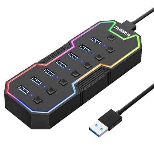 ZIUMIER USB 3.0-Hub, 7-Port-USB-Expander mit RGB-LED-Streifen für MacBook, Mac Pro, Mac Mini, iMac, Surface Pro, XPS, PC, Flash-Laufwerk, Mobile Festplatte von ZIUMIER