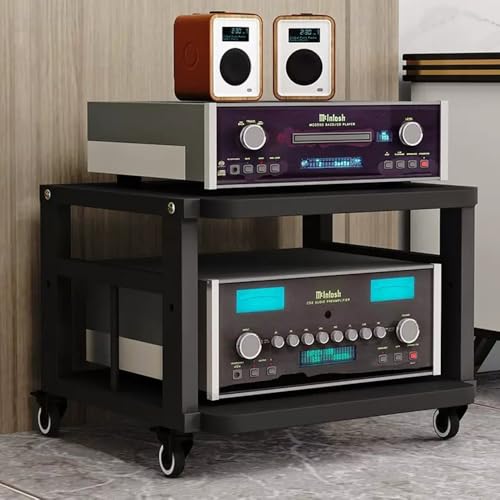 ZIUSFAC 2 Etagen Audio-/Video-Regal Medienständer Mit Bremsrad Audio-Turm Audio-Rack Verstellbare Ständer CD-Player Stand Eck-Audioständer Für Stereoanlage(Black+Black,2 Tier) von ZIUSFAC