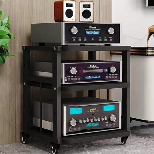 ZIUSFAC 2 Etagen Audio-/Video-Regal Medienständer Mit Bremsrad Audio-Turm Audio-Rack Verstellbare Ständer CD-Player Stand Eck-Audioständer Für Stereoanlage(Black+Black,3 Tier) von ZIUSFAC