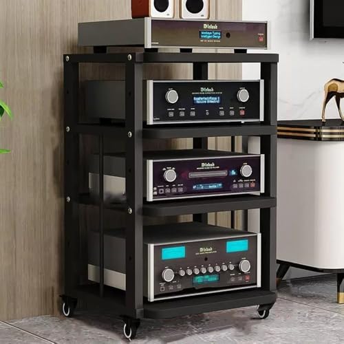 ZIUSFAC 2 Etagen Audio-/Video-Regal Medienständer Mit Bremsrad Audio-Turm Audio-Rack Verstellbare Ständer CD-Player Stand Eck-Audioständer Für Stereoanlage(Black+Black,4 Tier) von ZIUSFAC