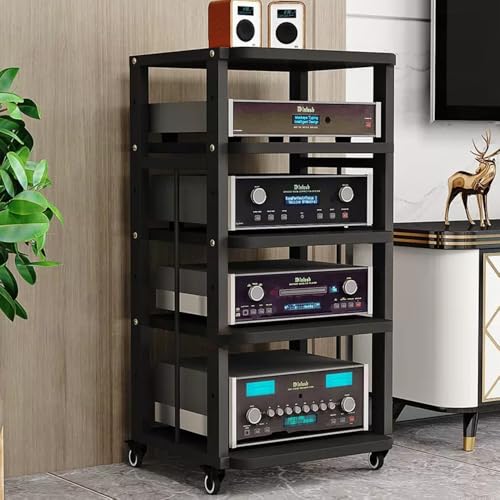 ZIUSFAC 2 Etagen Audio-/Video-Regal Medienständer Mit Bremsrad Audio-Turm Audio-Rack Verstellbare Ständer CD-Player Stand Eck-Audioständer Für Stereoanlage(Black+Black,5 Tier) von ZIUSFAC