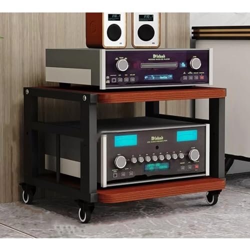 ZIUSFAC 2 Etagen Audio-/Video-Regal Medienständer Mit Bremsrad Audio-Turm Audio-Rack Verstellbare Ständer CD-Player Stand Eck-Audioständer Für Stereoanlage(Black+Teak,2 Tier) von ZIUSFAC