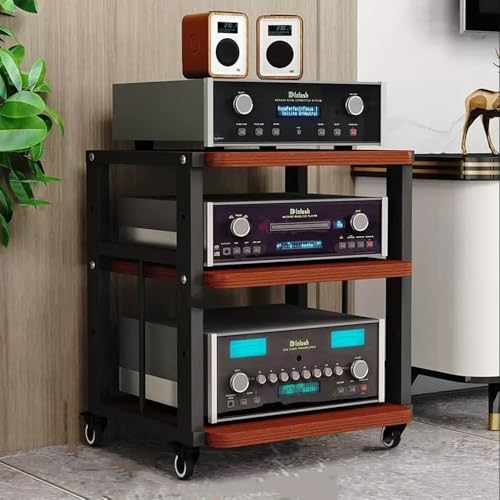 ZIUSFAC 2 Etagen Audio-/Video-Regal Medienständer Mit Bremsrad Audio-Turm Audio-Rack Verstellbare Ständer CD-Player Stand Eck-Audioständer Für Stereoanlage(Black+Teak,3 Tier) von ZIUSFAC