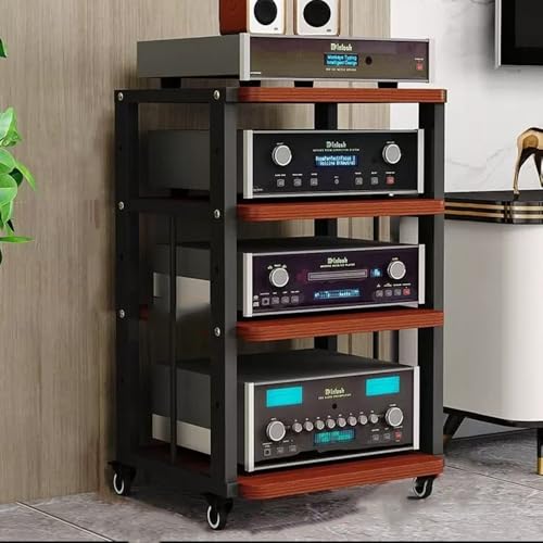 ZIUSFAC 2 Etagen Audio-/Video-Regal Medienständer Mit Bremsrad Audio-Turm Audio-Rack Verstellbare Ständer CD-Player Stand Eck-Audioständer Für Stereoanlage(Black+Teak,4 Tier) von ZIUSFAC
