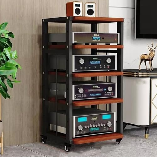ZIUSFAC 2 Etagen Audio-/Video-Regal Medienständer Mit Bremsrad Audio-Turm Audio-Rack Verstellbare Ständer CD-Player Stand Eck-Audioständer Für Stereoanlage(Black+Teak,5 Tier) von ZIUSFAC