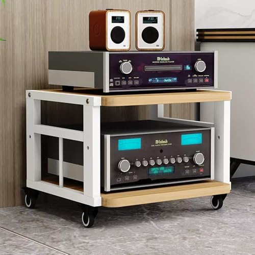 ZIUSFAC 2 Etagen Audio-/Video-Regal Medienständer Mit Bremsrad Audio-Turm Audio-Rack Verstellbare Ständer CD-Player Stand Eck-Audioständer Für Stereoanlage(White+Walnut,2 Tier) von ZIUSFAC