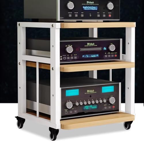 ZIUSFAC 2 Etagen Audio-/Video-Regal Medienständer Mit Bremsrad Audio-Turm Audio-Rack Verstellbare Ständer CD-Player Stand Eck-Audioständer Für Stereoanlage(White+Walnut,3 Tier) von ZIUSFAC