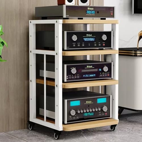 ZIUSFAC 2 Etagen Audio-/Video-Regal Medienständer Mit Bremsrad Audio-Turm Audio-Rack Verstellbare Ständer CD-Player Stand Eck-Audioständer Für Stereoanlage(White+Walnut,4 Tier) von ZIUSFAC
