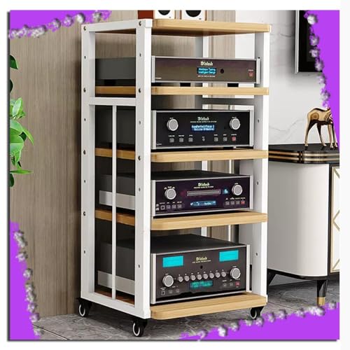 ZIUSFAC 2 Etagen Audio-/Video-Regal Medienständer Mit Bremsrad Audio-Turm Audio-Rack Verstellbare Ständer CD-Player Stand Eck-Audioständer Für Stereoanlage(White+Walnut,5 Tier) von ZIUSFAC