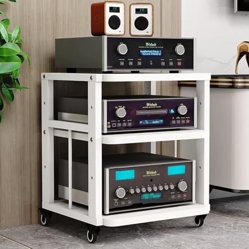 ZIUSFAC 2 Etagen Audio-/Video-Regal Medienständer Mit Bremsrad Audio-Turm Audio-Rack Verstellbare Ständer CD-Player Stand Eck-Audioständer Für Stereoanlage(White+White,3 Tier) von ZIUSFAC