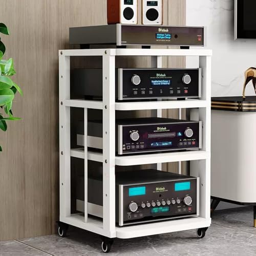 ZIUSFAC 2 Etagen Audio-/Video-Regal Medienständer Mit Bremsrad Audio-Turm Audio-Rack Verstellbare Ständer CD-Player Stand Eck-Audioständer Für Stereoanlage(White+White,4 Tier) von ZIUSFAC