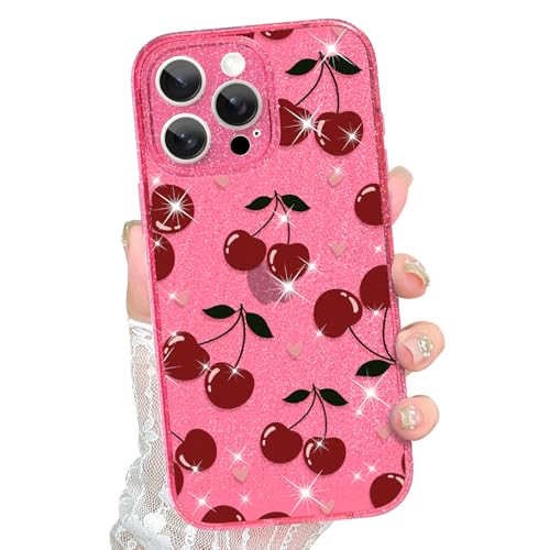 ZIYE Cute Aesthetic Case for iPhone 15 Pro Max Case for Girls Women, Girly Pinky Cherry Love-Heart Print, Clear Sparkly Glitter Bling Design, Durable Shockproof Protective Cover (Sweet Cherry) von ZIYE