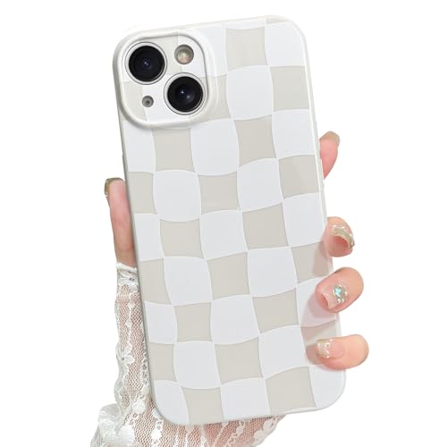 ZIYE Cute Checkered Case for iPhone 13 for Women Men, Trendy Aesthetic Grids Plaid Checkerboard Phone Case, Thin Slim Durable Soft Silicone Protective Cover (Cherckerd, Beige) von ZIYE