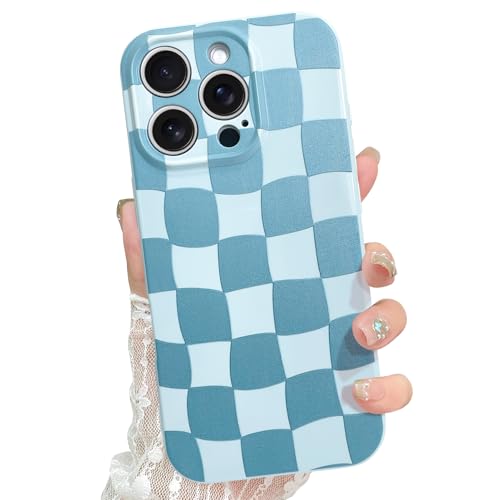 ZIYE Cute Checkered Case for iPhone 16 Pro for Women Men, Trendy Aesthetic Grids Plaid Checkerboard Phone Case, Thin Slim Durable Soft Silicone Protective Cover (Cherckerd, Blue) von ZIYE