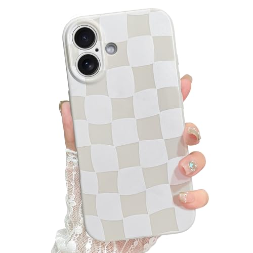 ZIYE Cute Checkered Case for iPhone 16 for Women Men, Trendy Aesthetic Grids Plaid Checkerboard Phone Case, Thin Slim Durable Soft Silicone Protective Cover (Cherckerd, Beige) von ZIYE