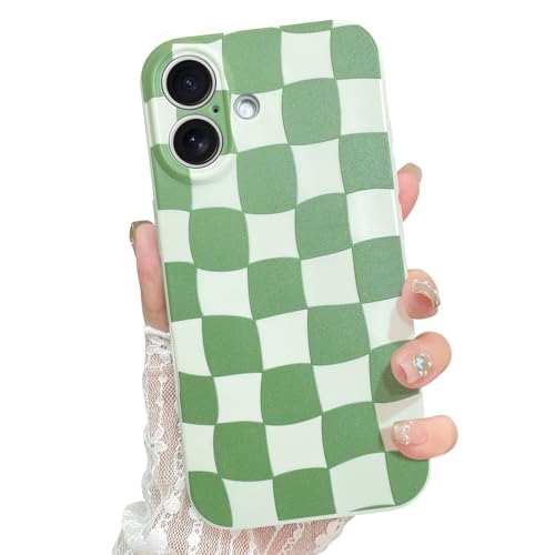 ZIYE Cute Checkered Case for iPhone 16 for Women Men, Trendy Aesthetic Grids Plaid Checkerboard Phone Case, Thin Slim Durable Soft Silicone Protective Cover (Cherckerd, Green) von ZIYE