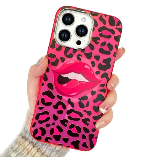 ZIYE Entworfen für iPhone 15 Pro Max Hülle [kompatibel mit MagSafe] Schwarz Rosa Leopard Rot Lippen Print Design, Kameralinsenschutz, stoßfest, Geparden-Handyhülle für Frauen Mädchen, Rosenrot von ZIYE
