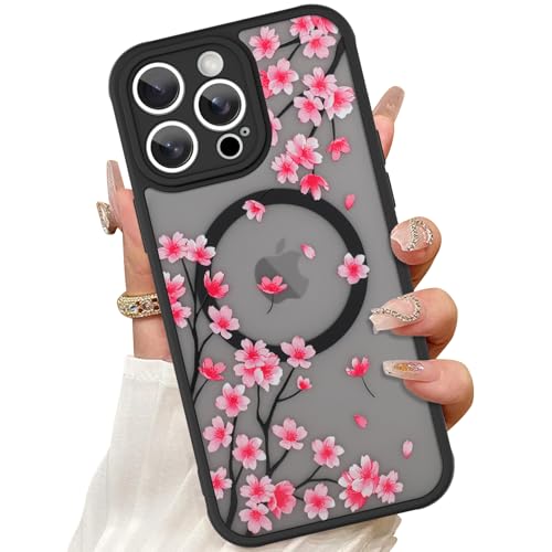 ZIYE Magnetische Hülle für iPhone 14 Pro Max 6,7 Zoll [Kompatibel mit MagSafe] Hartes PC und Weiche TPU Hülle mit Kirschblüten Rosa Blumen Anti-Kratzer Stoßfest Schutz Handyhülle für Frauen von ZIYE