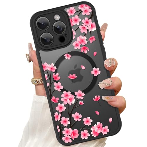 ZIYE Magnetische Hülle für iPhone 15 Pro 6,1 Zoll [Kompatibel mit MagSafe] Hartes PC und weiche TPU-Hülle mit Kirschblütenrosa Blumenmuster, Anti-Kratzer, Stoßfester Schutz, Handyhülle für Frauen von ZIYE