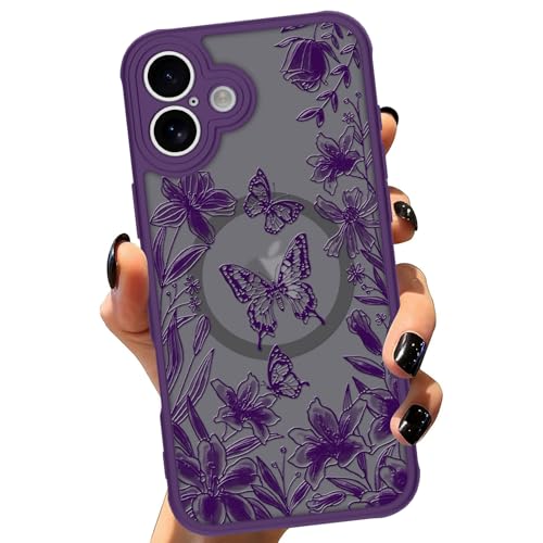 ZIYE Magnetische matte Handyhülle für iPhone 16 Plus, kompatibel mit MagSafe, Schmetterlingslilien-Muster, schwarze Stoßstange, harte Rückseite, stoßfest, für Frauen und Mädchen, Dunkelviolett von ZIYE