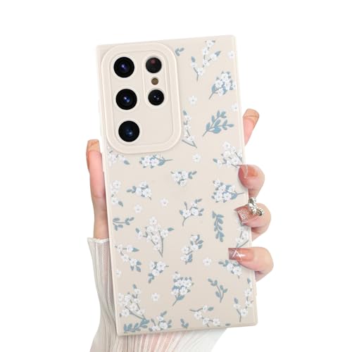 ZIYE Niedliche Silikon Hülle für Samsung Galaxy S23 Ultra Hülle Weiß Blumen Floral Handyhülle für Mädchen Frauen Elegant Aesthetic Design Voller Kameraschutz Haltbare Schutzhülle (Beige) von ZIYE
